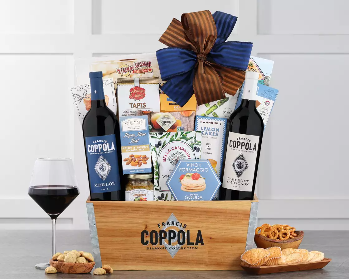 Coppola Red wine gift basket and snacks