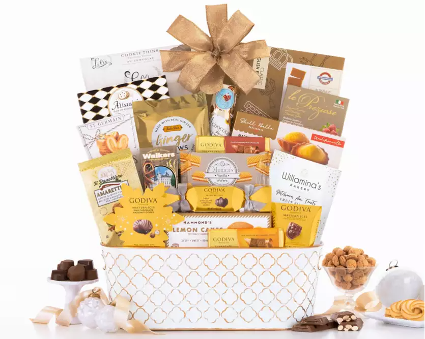 Godiva Gift basket with various snacks and chocolates