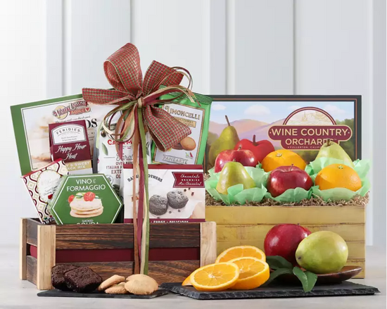 Fresh fruit and cheese in a wooden crate Fresh fruit and cheese in a wooden crate