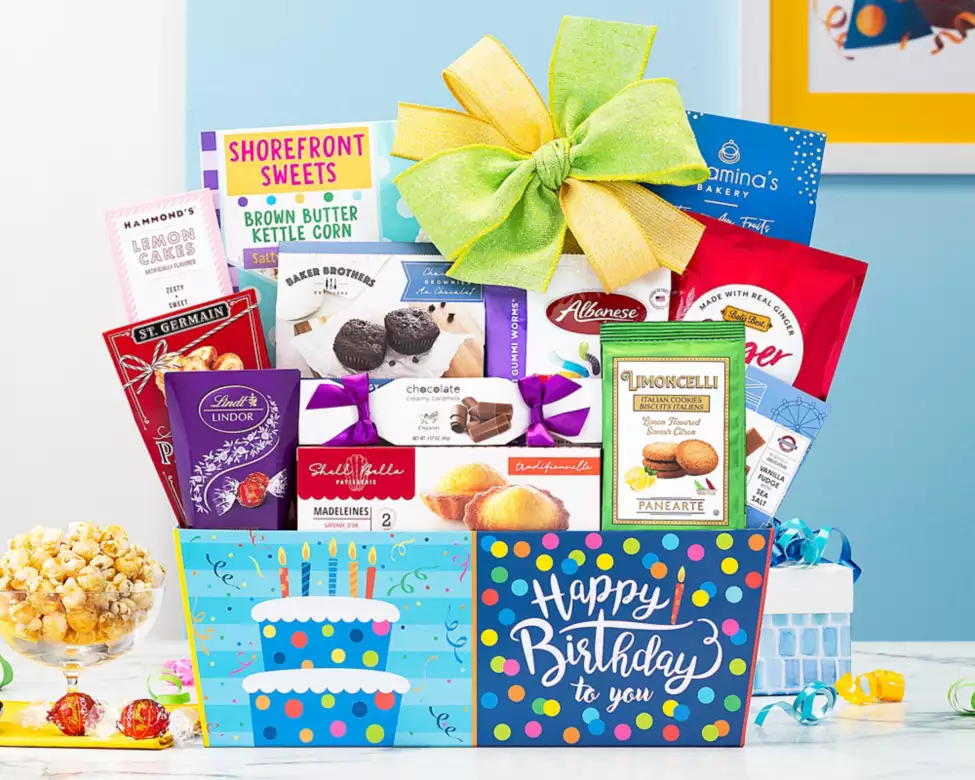 Birthday gift basket with various snacks including chocolate, cookies, candy and more