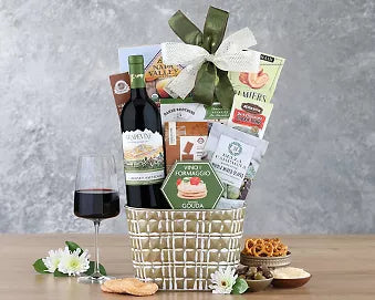 Wine Gift basket with wine, snacks, in a metal container Wine Gift basket with wine, snacks, in a metal container