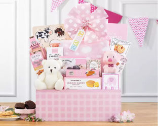 Newborn Gift basket with a teddy bear, snacks, baby clothing