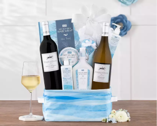 Wine and spa gift basket with two bottles of wine,  and spa items Wine and spa gift basket with two bottles of wine,  and spa items