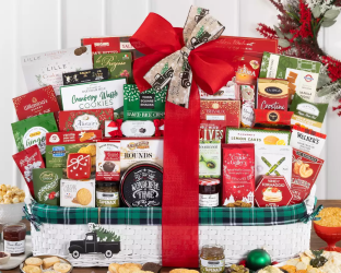 Impressive Holiday gift basket with various snacks chocolate cookies cheese  Impressive Holiday gift basket with various snacks chocolate cookies cheese