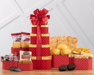 Stack of red and gold gift boxes with snacks Stack of red and gold gift boxes with snacks