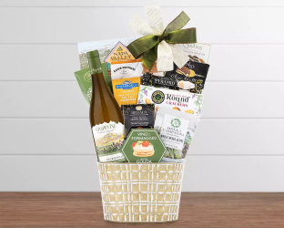 Wine Gift basket with Chardonnay wine, cheese, and snacks  Wine Gift basket with Chardonnay wine, cheese, and snacks