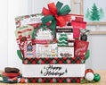 Christmas gift basket with various items  chocolate candy cookies