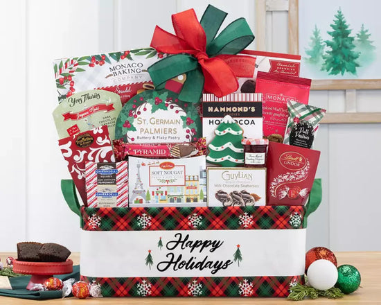 Christmas gift basket with various items  chocolate candy cookies  Christmas gift basket with various items  chocolate candy cookies