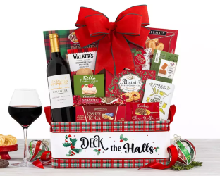 Holiday wine basket with cheese chocolate and more
