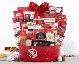 Gourmet gift basket with a variety of snacks and treats