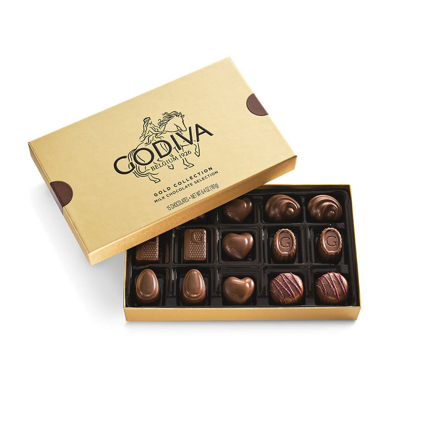 Godiva chocolate box with assorted chocolates in gold box