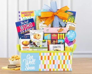 Gift basket with various items Get Well Soon
