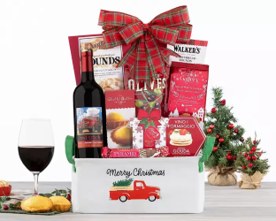 Gift basket with wine, snacks,