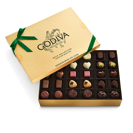 Godiva Gold Ballotin Gift Box 30PC Green Ribbon Godiva Gold Ballotin Gift Box 30PC Green Ribbon