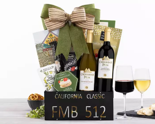 Gift basket with wine bottles, snacks