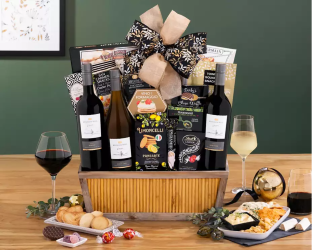 Gourmet gift basket with wine and snacks