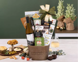 Gift basket with wine, snacks, and other