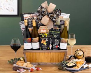 Gourmet gift basket with wine, cheese, and snacks