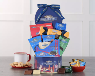 Ghirardelli chocolate gift tower with chocolate and snacks