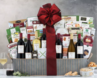 Gift basket with wine, cheese, and snacks