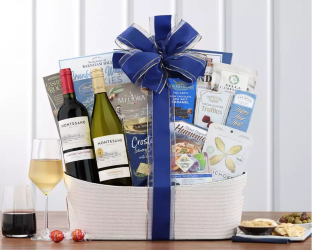 Kosher Gift basket with wine, snacks, and a blue bow