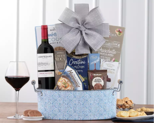 Kosher Gift basket with wine, snacks, and a bottle of red wine .