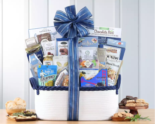 Kosher Gift basket with various snacks and a blue bow