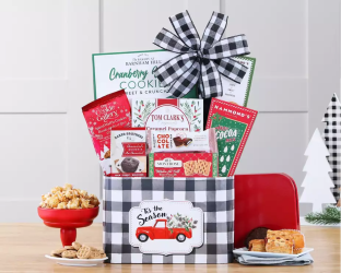 Gift basket with cookies, popcorn, and a red truck-themed box