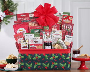 Gift basket with a red bow filled with snacks and treats
