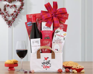 Gourmet gift basket with wine, snacks for Valentine’s Day