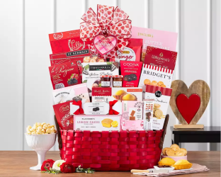 Gift basket with various items including snacks for Valentine’s Day