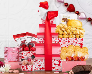 Valentine's Day gift tower with chocolates, popcorn, and other treats