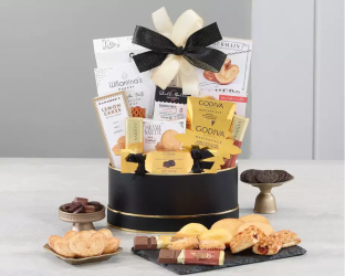 Gourmet gift basket with snacks and treats