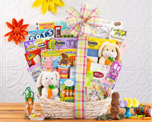 Easter gift basket with toys and a plush bunny