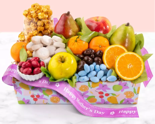 Fruit basket with flowers and 'Happy Mother's Day' banner