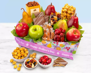 Gourmet gift basket with fruits, snacks, and a 'Happy Mother's Day' card