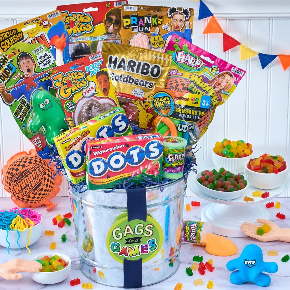 Assorted candy and novelty items in a 'Gags and Games' bucket