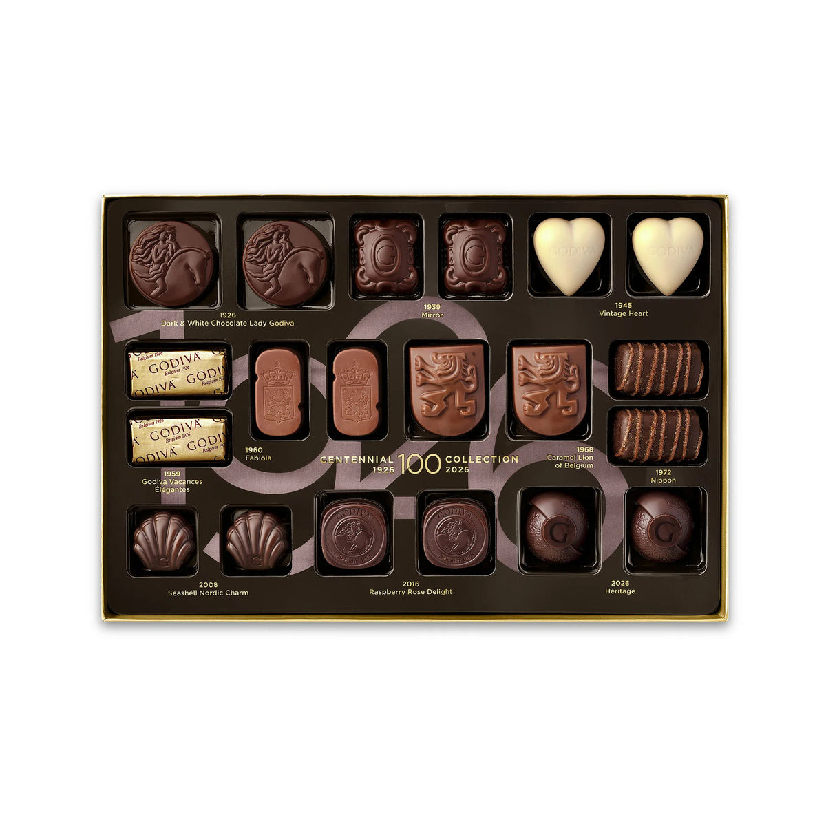 Assorted chocolates in a box with visible Godiva branding on a white background