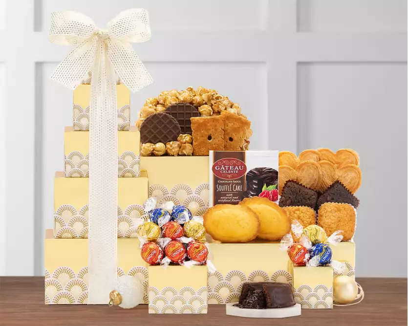 Lindt chocolate gift tower with snacks and candies