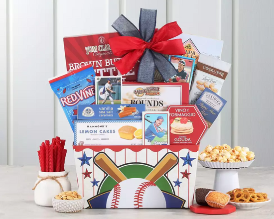Baseball themed gift box filled with snacks, cheese, cake, cookies and more Baseball themed gift box filled with snacks, cheese, cake, cookies and more
