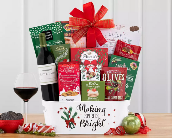 Holiday Gift basket with white wine, snacks, and more Holiday Gift basket with white wine, snacks, and more