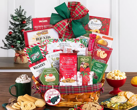 Holiday gift basket with decadent treats  Holiday gift basket with decadent treats