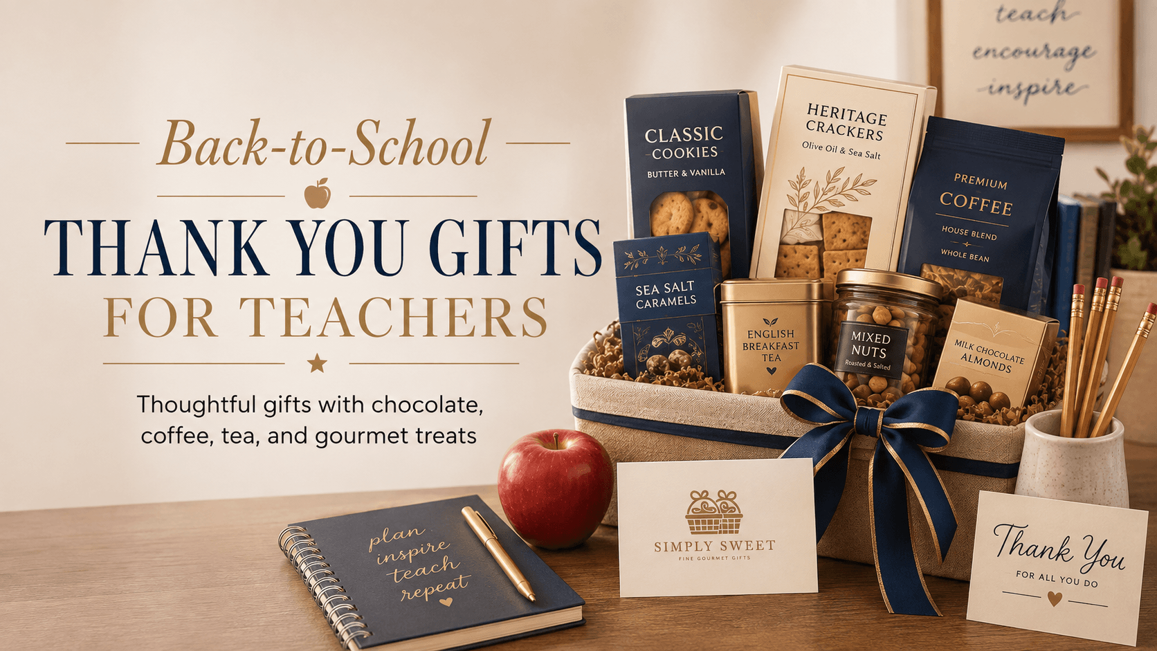 A styled back-to-school thank you gift set for teachers on a wooden table, featuring chocolate, coffee, tea, cookies, and gourmet treats arranged in a basket with a navy ribbon. The set includes branded cards, a notebook, and a red apple, with promotional text on the left side.