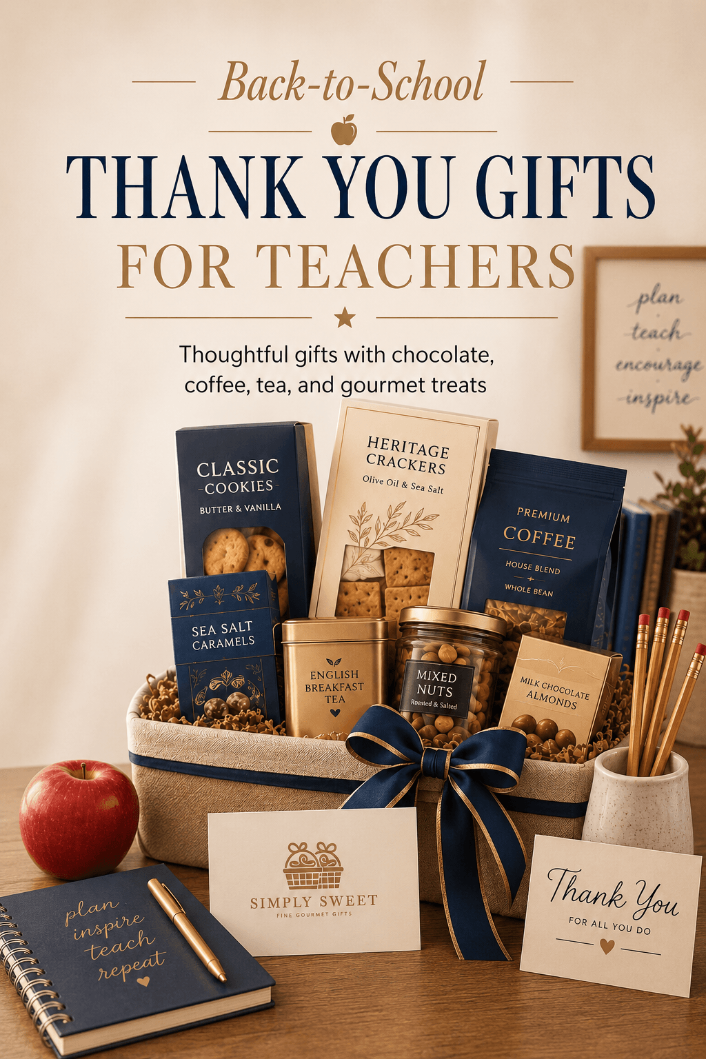 A styled back-to-school thank you gift set for teachers on a wooden table, featuring chocolate, coffee, tea, cookies, and gourmet treats arranged in a basket with a navy ribbon. The set includes branded cards, a notebook, and a red apple, with promotional text on the left side.