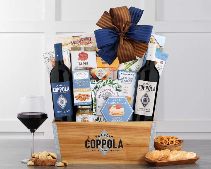 Coppola Red wine gift basket and snacks