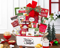 Gift basket with holiday-themed food items 