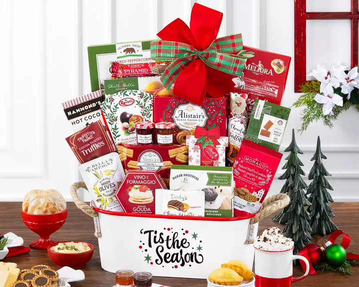 Gift basket with holiday-themed food items 