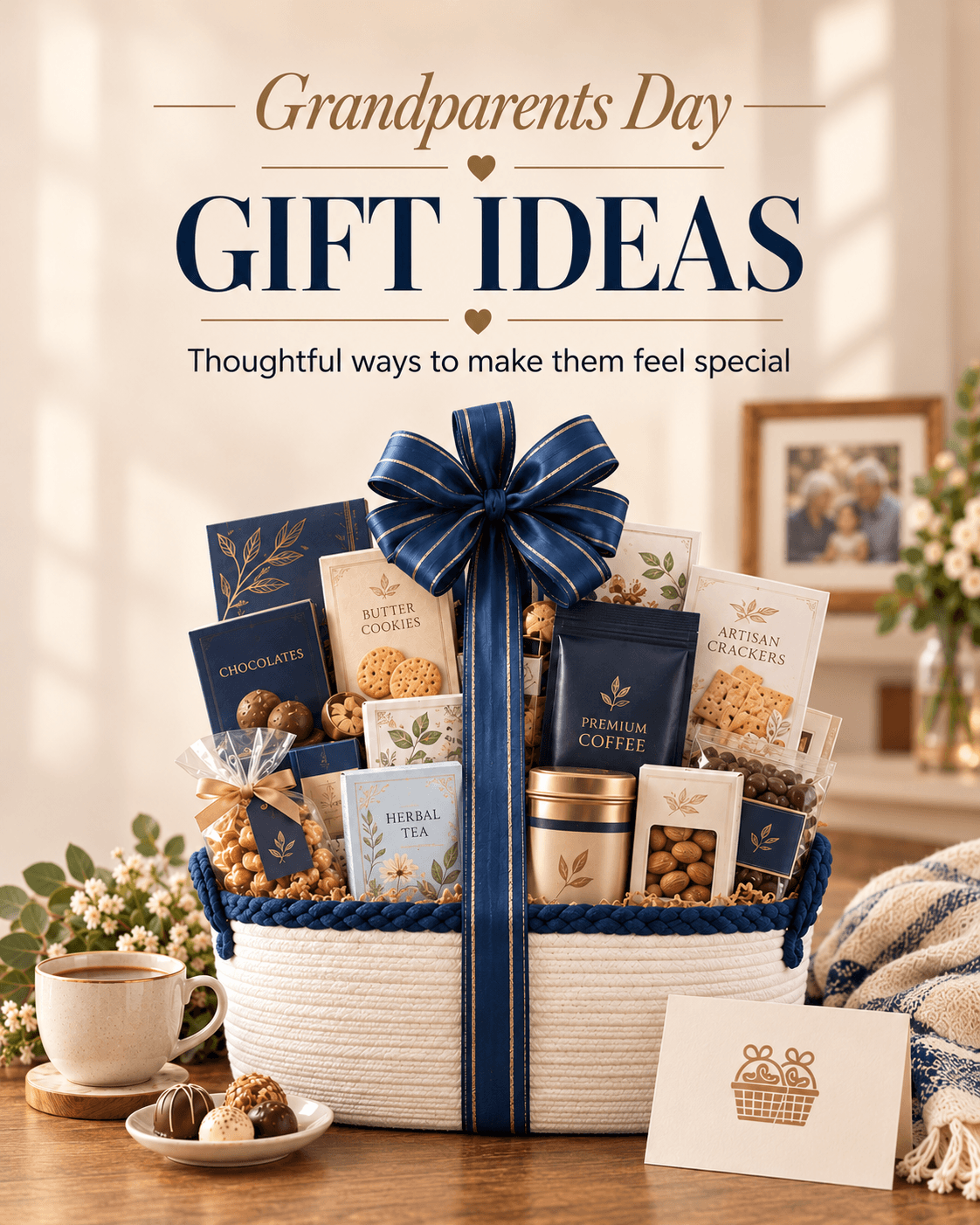 A curated gift basket for grandparents sits on a wooden table, filled with assorted chocolates, cookies, coffee, and tea, tied with a large navy ribbon. The scene includes promotional text reading 'Grandparents Day GIFT IDEAS' and styled props like a cup of coffee, a small dish of pastries, and a gift card.