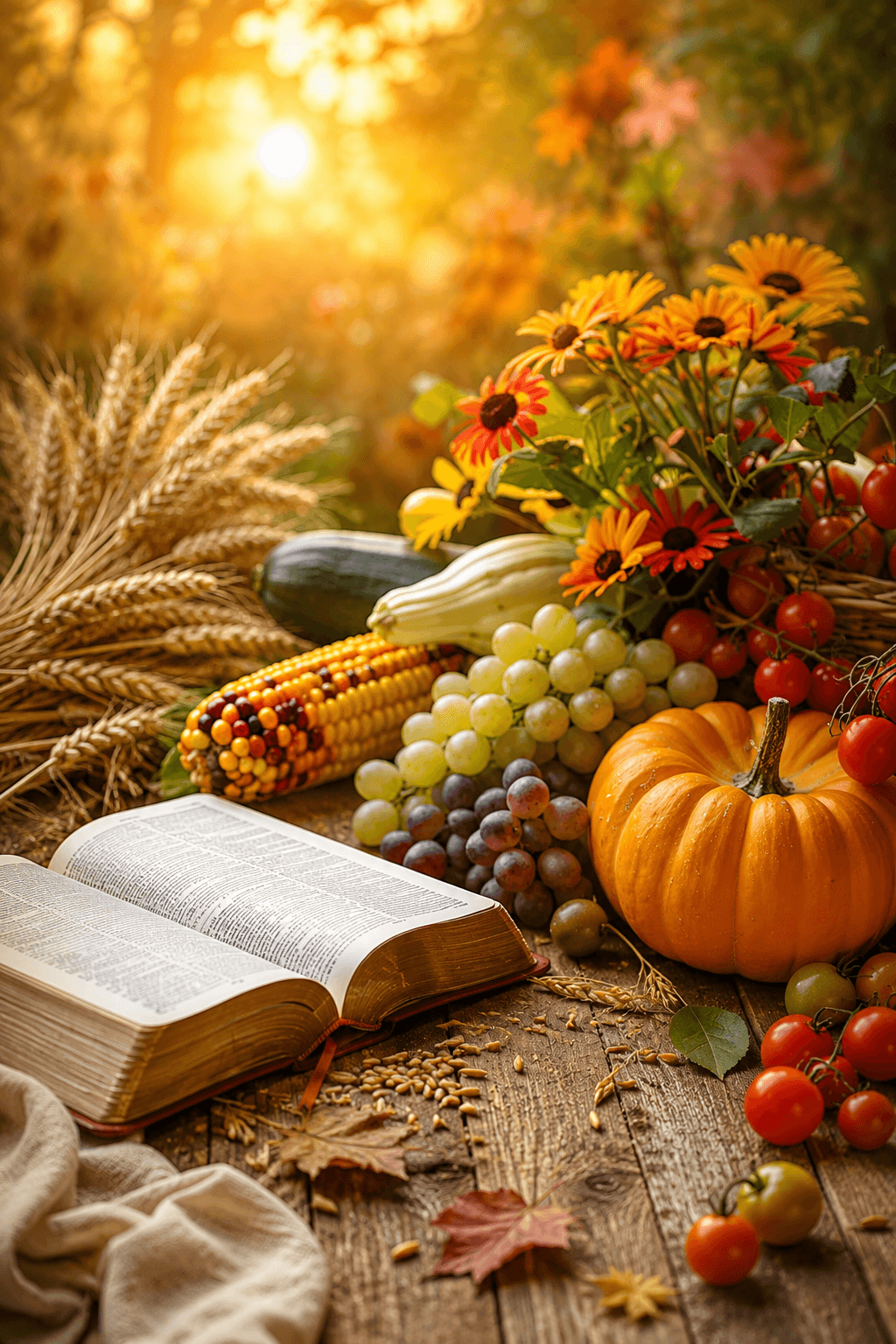 An autumn still life arrangement featuring a small orange pumpkin, a multicolored ear of corn, green and purple grapes, wheat stalks, an open book, and a bouquet of fall flowers on a rustic wooden surface.