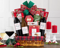 Wine gift basket with red and white wine and holiday food favourites